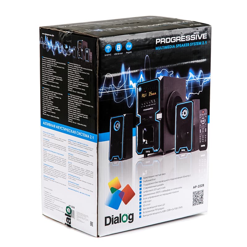 Колонки Dialog AP-222B черный, формат акустики-2.1, 60 Вт, беспроводной ПДУ, Bluetooth, есть, питание - от сети