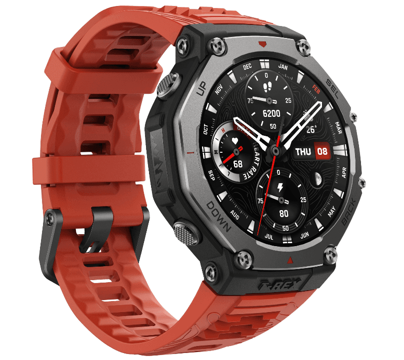 Смарт-часы Amazfit T-Rex 3, корпус-серый, ремешок-красный, 1.5" AMOLED, 480x480, Bluetooth, Android 7.0 и выше, iOS 14 и выше, 700 мА*ч