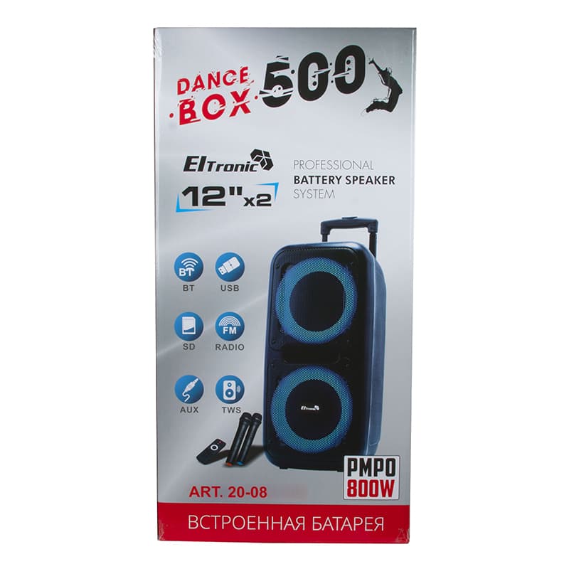 Колонка Eltronic 20-05 DANCE BOX 500, 80Ватт, Bluetooth, Aux, FM, 7000 mAh, USB, SD и MicroSD, Jack 6.3 мм (микрофон, гитара). 2 БЕСПРОВОДНЫХ МИКРОФОНА В ПОДАРОК!!!