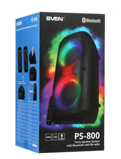 Портативная колонка SVEN PS-800 100W, 1.0, 100 Вт, 40 Гц - 22 кГц, караоке, USB, Bluetooth, Micro SD, MP3, FM, USB