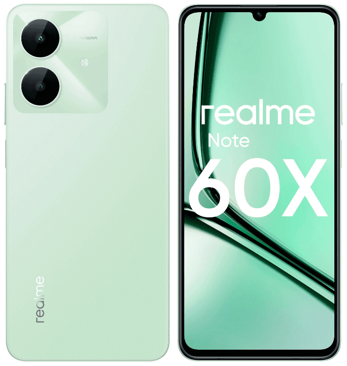 Смартфон realme Note 60x 128 ГБ зеленый, 6.74", 1600x720, IPS, 90 Гц, 3G, 4G, Nano-SIM, Unisoc T7225 (T612), 8 x 1.82 ГГц, 4 ГБ / 128 ГБ, 8+0.08 Мп, 5000 мА*ч (Li-Ion)