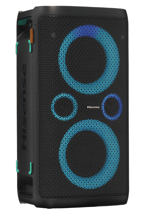 Портативная аудиосистема Hisense Party Rocker One, черный, 300 Вт, до 15 ч, Bluetooth, NFC, USB, AUX вход, 20 Гц - 20000 Гц, 5000 мА*ч